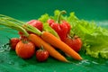 Vegetables - carrots with tops, red tomatoes, red bell pepper, paprika, green salad leaves Royalty Free Stock Photo